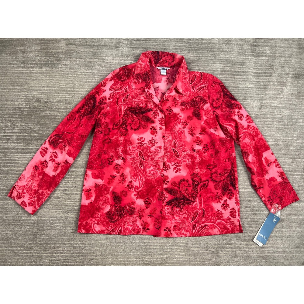 City Blues by Koret Blouse Womens XL Pink Red Paisley Button Front Long Slv NEW